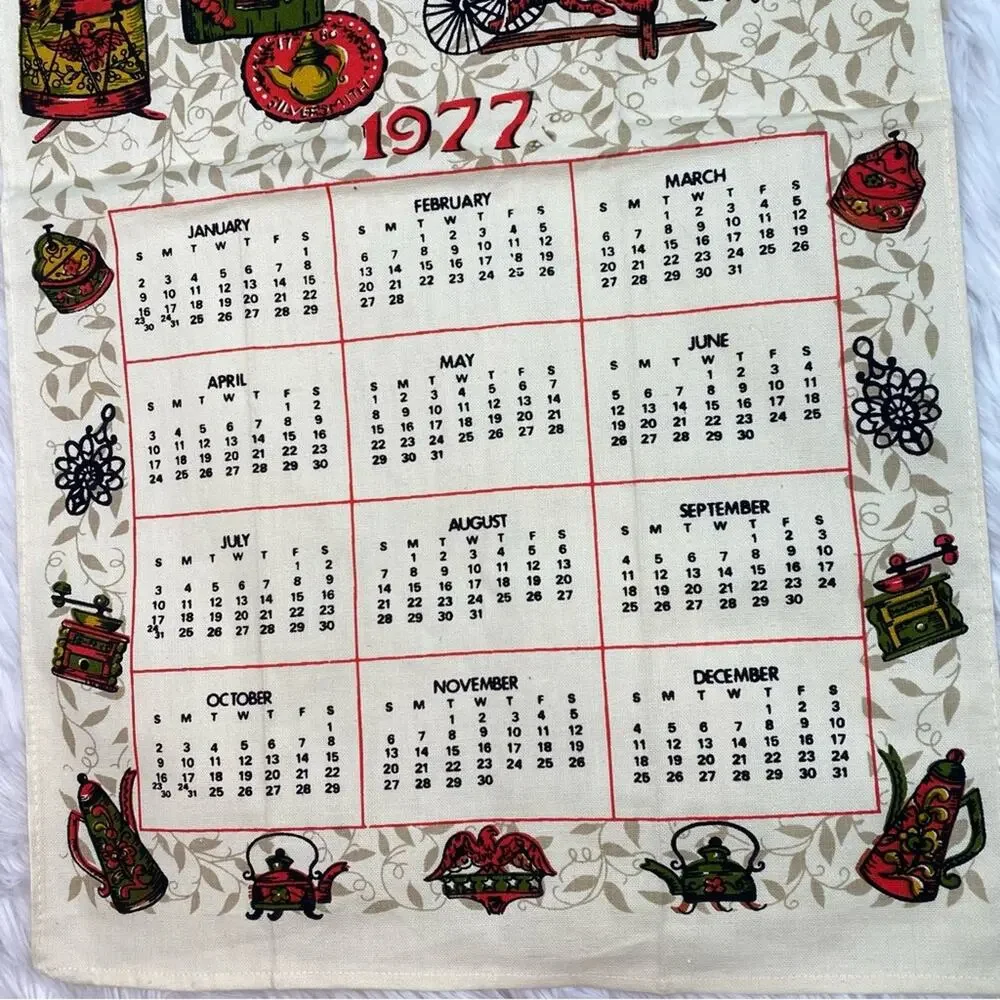 1977 Vintage Cloth Wall Calendar Beige Cottagecore Folk Art